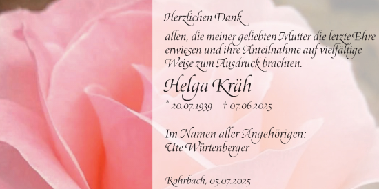 Traueranzeige von Helga Kräh von Darmstädter Echo
