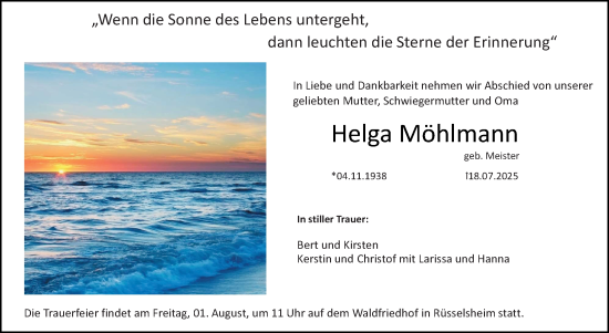 Traueranzeige von Helga Möhlmann von Rüsselsheimer Echo