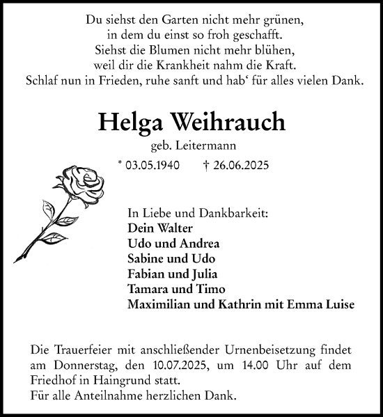 Traueranzeige von Helga Weihrauch von Odenwälder Echo