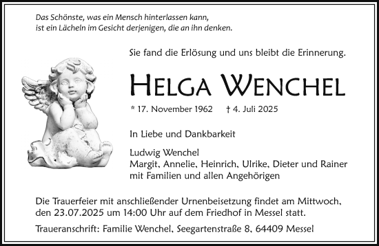 Traueranzeige von Helga Wenchel von Darmstädter Echo