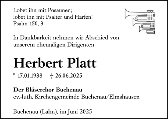 Traueranzeige von Herbert Platt von Hinterländer Anzeiger