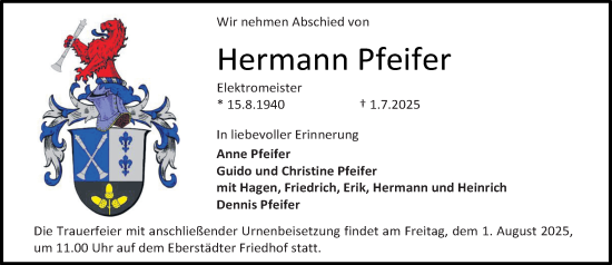 Traueranzeige von Hermann Pfeifer von Darmstädter Echo