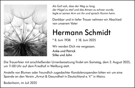 Traueranzeige von Hermann Schmidt von Weilburger Tageblatt