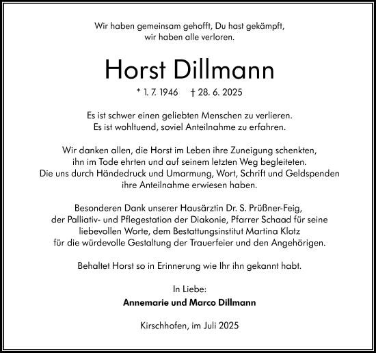 Traueranzeige von Horst Dillmann von Weilburger Tageblatt