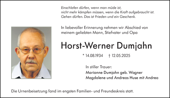Traueranzeige von Horst-Werner Dumjahn von Allgemeine Zeitung Mainz