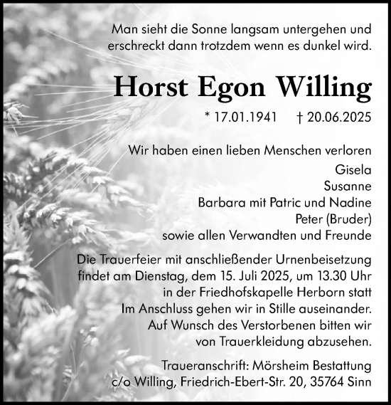 Traueranzeige von Horst Egon Willing von Dill Block