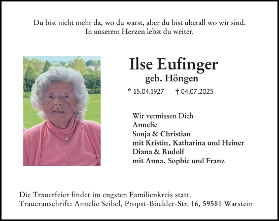 Traueranzeige von Ilse Eufinger von Nassauische Neue Presse