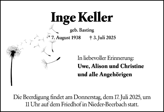 Traueranzeige von Inge Keller von Darmstädter Echo