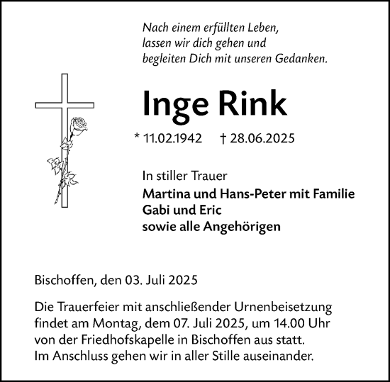 Traueranzeige von Inge Rink von Dill Block