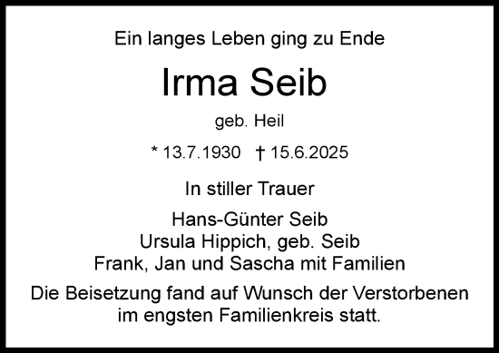 Traueranzeige von Irma Seib von Dieburger Anzeiger/Groß-Zimmerner Lokal-Anzeiger
