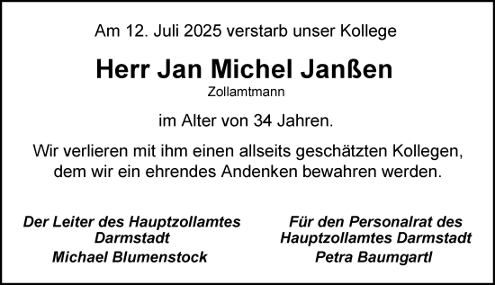 Traueranzeige von Jan Michel Janßen von Odenwälder Echo