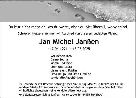 Traueranzeige von Jan Michel Janßen von Darmstädter Echo