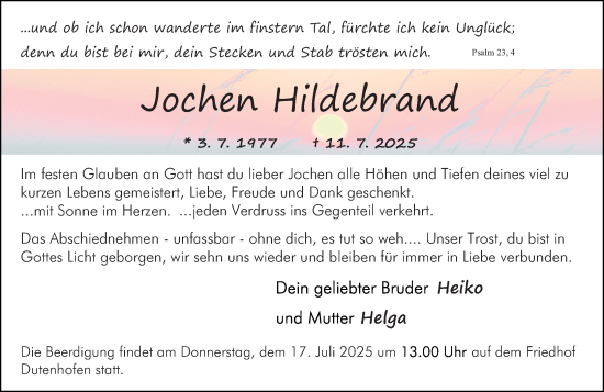 Traueranzeige von Jochen Hildebrand von Wetzlarer Neue Zeitung