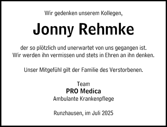 Traueranzeige von Jonny Rehmke von Hinterländer Anzeiger