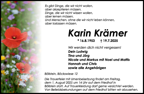 Traueranzeige von Karin Krämer von Odenwälder Echo