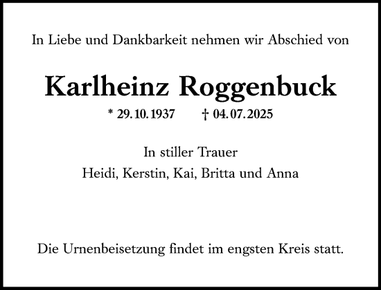 Traueranzeige von Karlheinz Roggenbuck von Darmstädter Echo