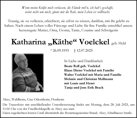 Traueranzeige von Katharina  Voelckel von Allgemeine Zeitung Alzey