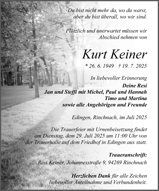 Traueranzeige von Kurt Keiner von Dill Block