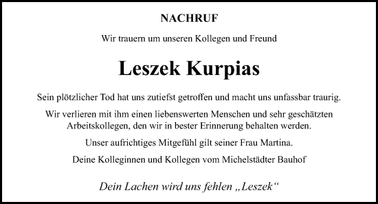 Traueranzeige von Leszek Kurpias von Odenwälder Echo