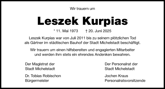 Traueranzeige von Leszek Kurpias von Odenwälder Echo