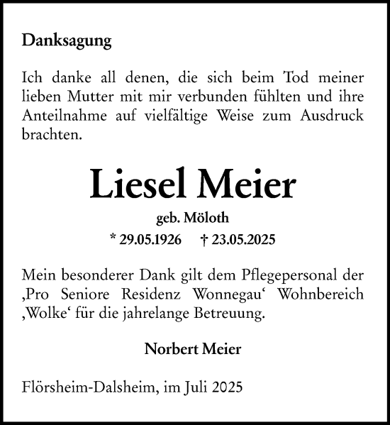 Traueranzeige von Liesel Meier von Wormser Zeitung