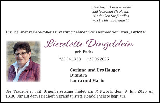 Traueranzeige von Lieselotte Deingeldein von Darmstädter Echo