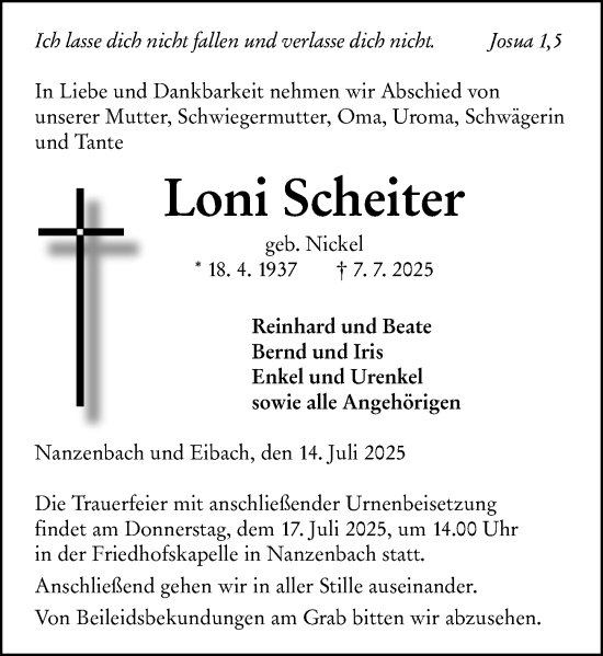 Traueranzeige von Loni Scheiter von Dill Block