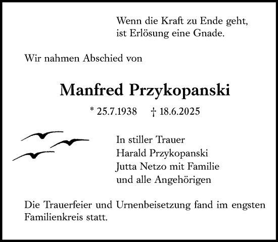 Traueranzeige von Manfred Przykopanski von Odenwälder Echo