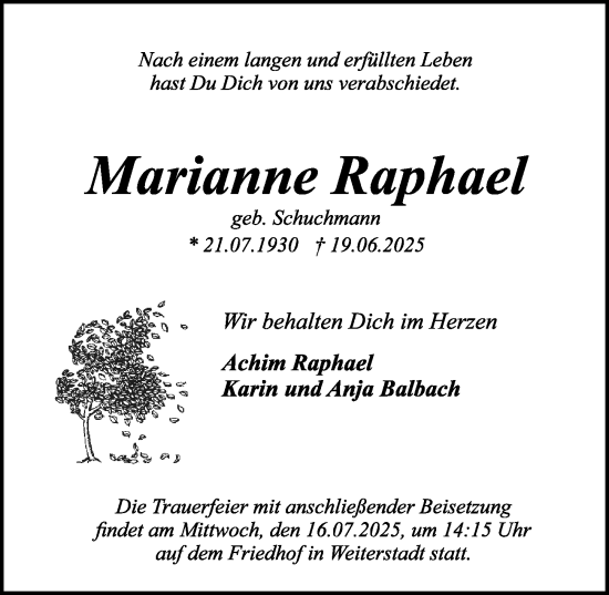Traueranzeige von Marianne Raphael von Darmstädter Echo