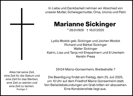Traueranzeige von Marianne Sickinger von Allgemeine Zeitung Mainz