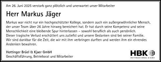 Traueranzeige von Markus Jäger von Odenwälder Echo
