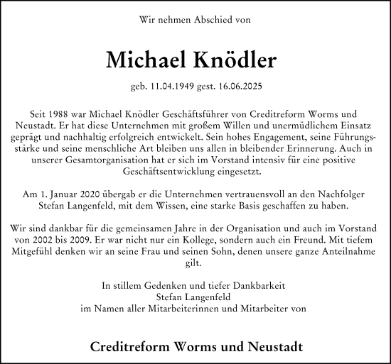 Traueranzeige von Michael Knödler von Wormser Zeitung