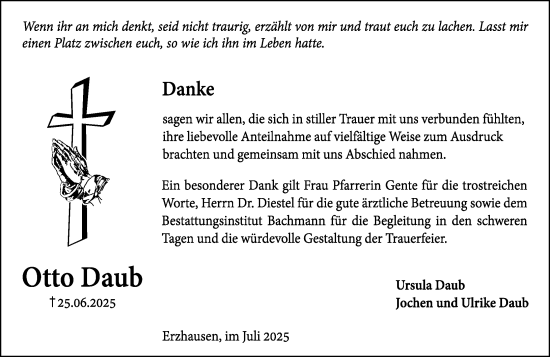 Traueranzeige von Otto Daub von Darmstädter Echo