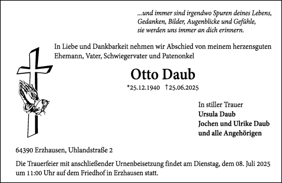 Traueranzeige von Otto Daub von Darmstädter Echo