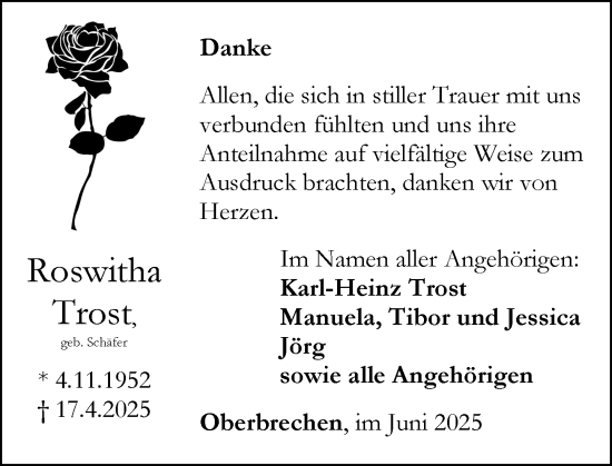 Traueranzeige von Roswitha Trost von Camberger Anzeiger