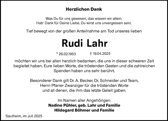 Traueranzeige von Rudi Lahr von Allgemeine Zeitung Alzey