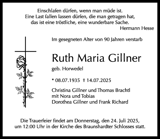 Traueranzeige von Ruth Maria Gillner von Darmstädter Echo