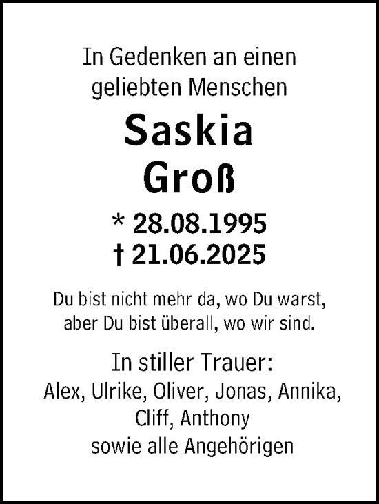 Traueranzeige von Saskia Groß von Darmstädter Echo