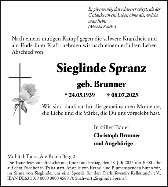 Traueranzeige von Sieglinde Spranz von Darmstädter Echo