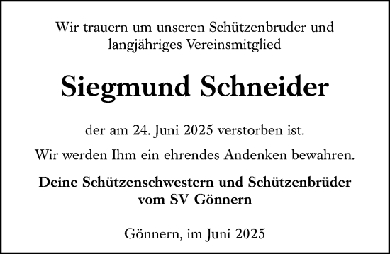 Traueranzeige von Siegmund Schneider von Hinterländer Anzeiger