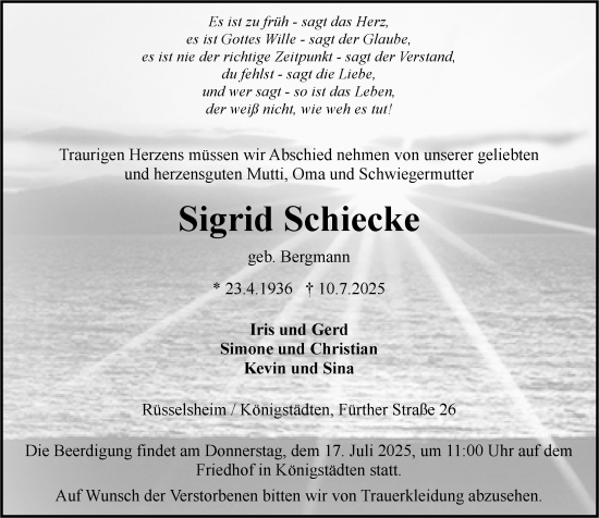 Traueranzeige von Sigrid Schiecke von Rüsselsheimer Echo