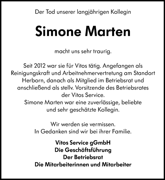 Traueranzeige von Simone Marten von Dill Block