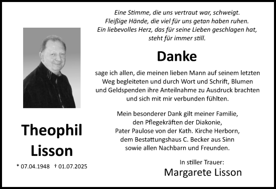 Traueranzeige von Theophil Lisson von Dill Block