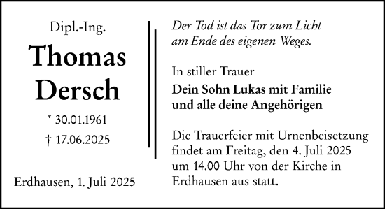 Traueranzeige von Thomas Dersch von Hinterländer Anzeiger