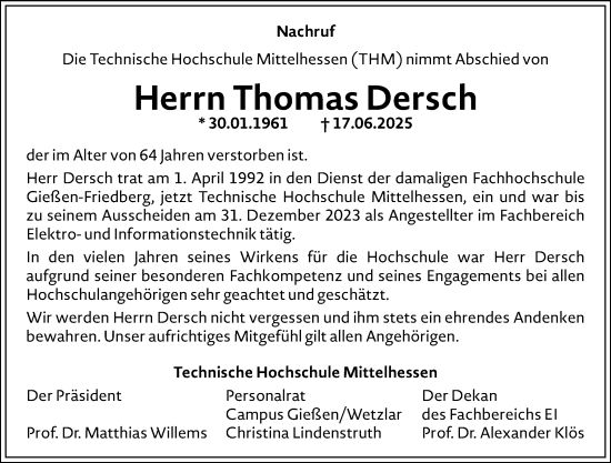 Traueranzeige von Thomas Dersch von Hinterländer Anzeiger