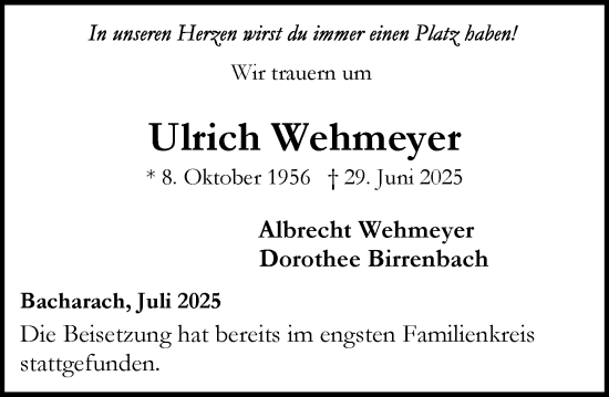 Traueranzeige von Ulrich Wehmeyer von Allgemeine Zeitung Rheinhessen-Nahe