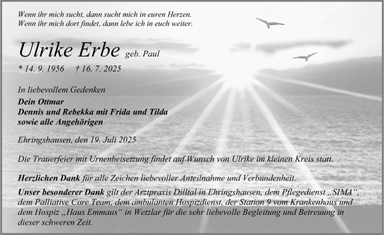 Traueranzeige von Ulrike Erbe von Weilburger Tageblatt