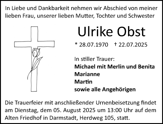 Traueranzeige von Ulrike Obst von Darmstädter Echo
