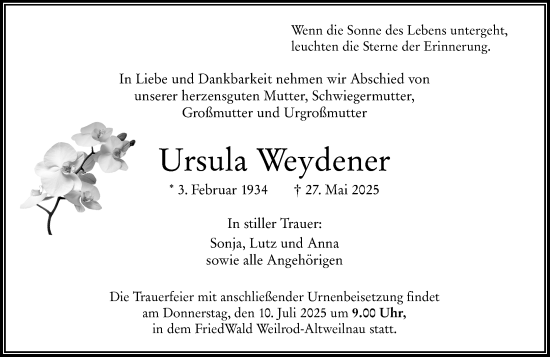 Traueranzeige von Ursula Weydener von Camberger Anzeiger
