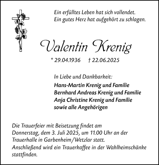 Traueranzeige von Valentin Krenig von Wetzlarer Neue Zeitung
